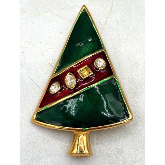 Vintage LIA Signed Christmas Tree Brooch Pin Enamel Green & Red Stones Gold Tone - Picture 4 of 10